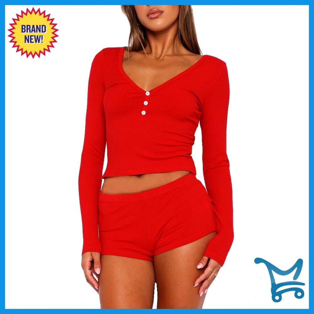 Y2K V-Neck Long Sleeve Button Front Lounge Set with Shorts Sexy Sleepwear - Picture 2 of 7